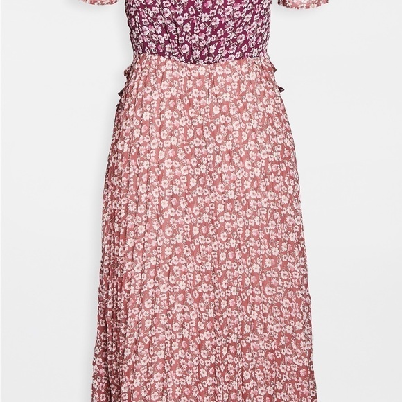 Anthropologie En Saison Red Ditzsy Midi Dress Sz XS Floral Chiffon Pleated Skirt - Picture 10 of 14